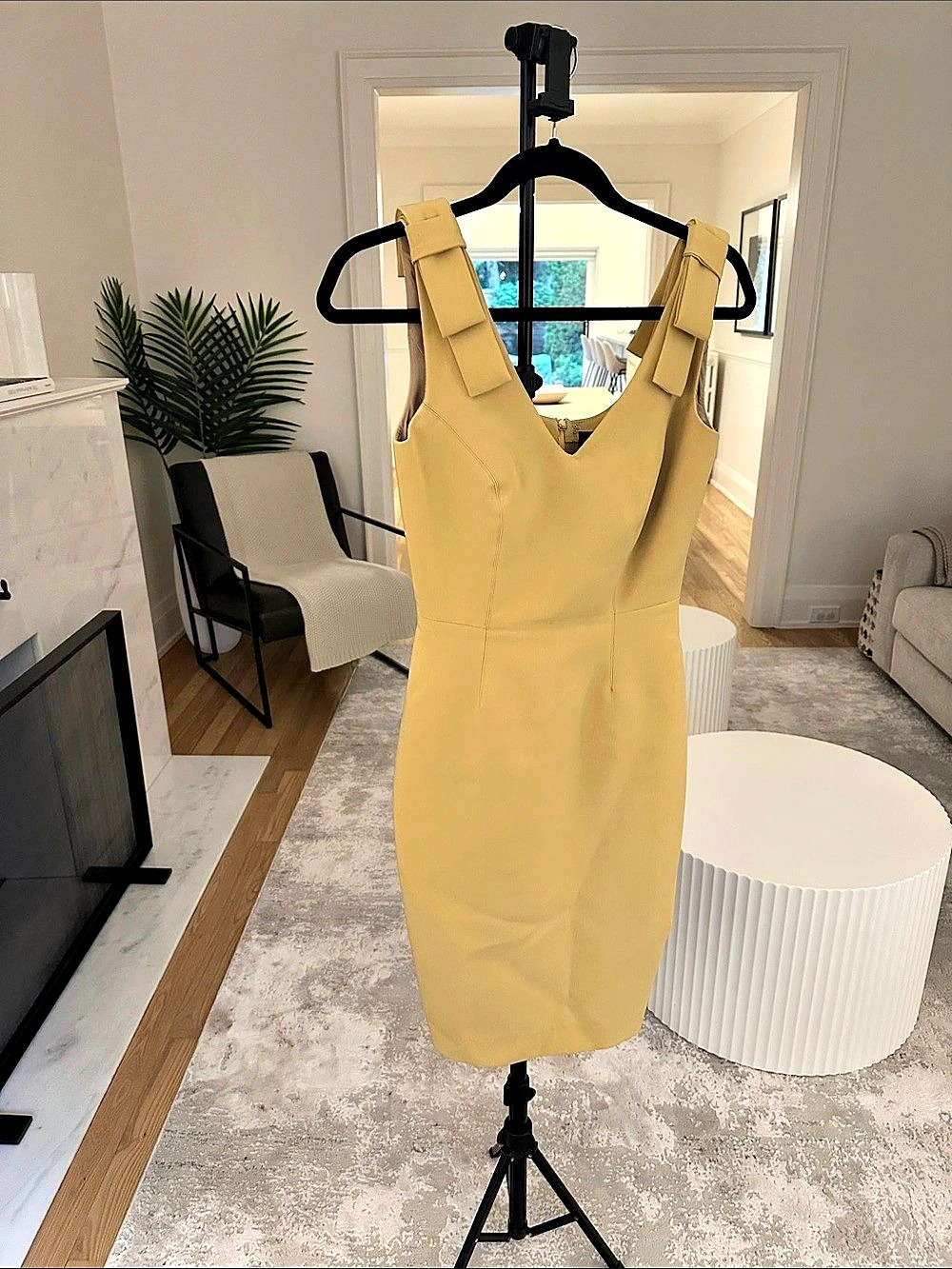Yellow Lined Mini Midi Formal Dress